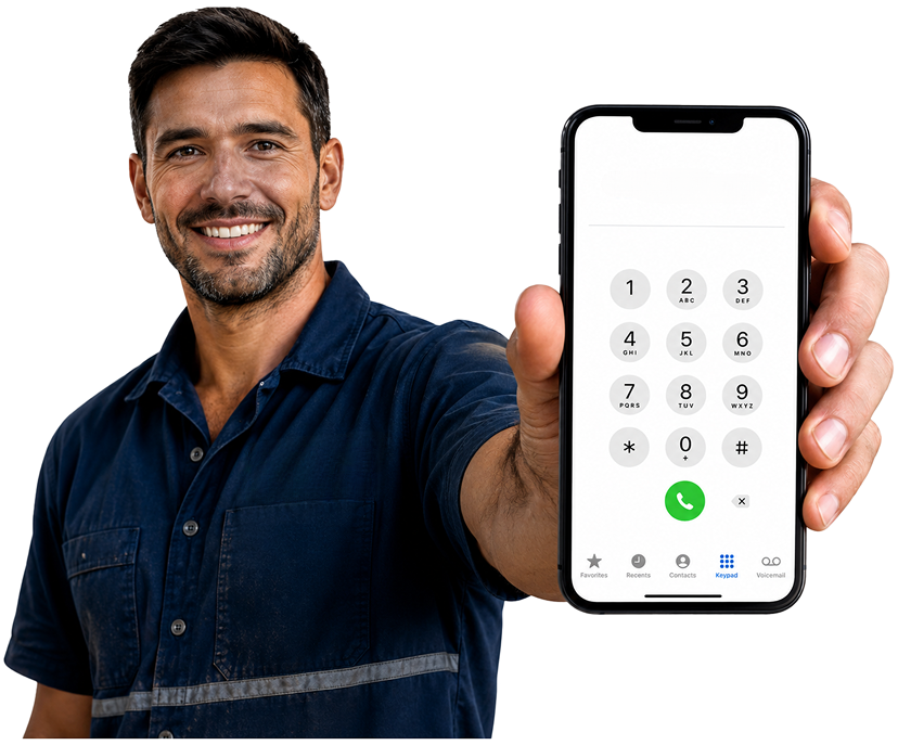 Campsie Blocked Drains plumber holding a phone — call 1300 261 965