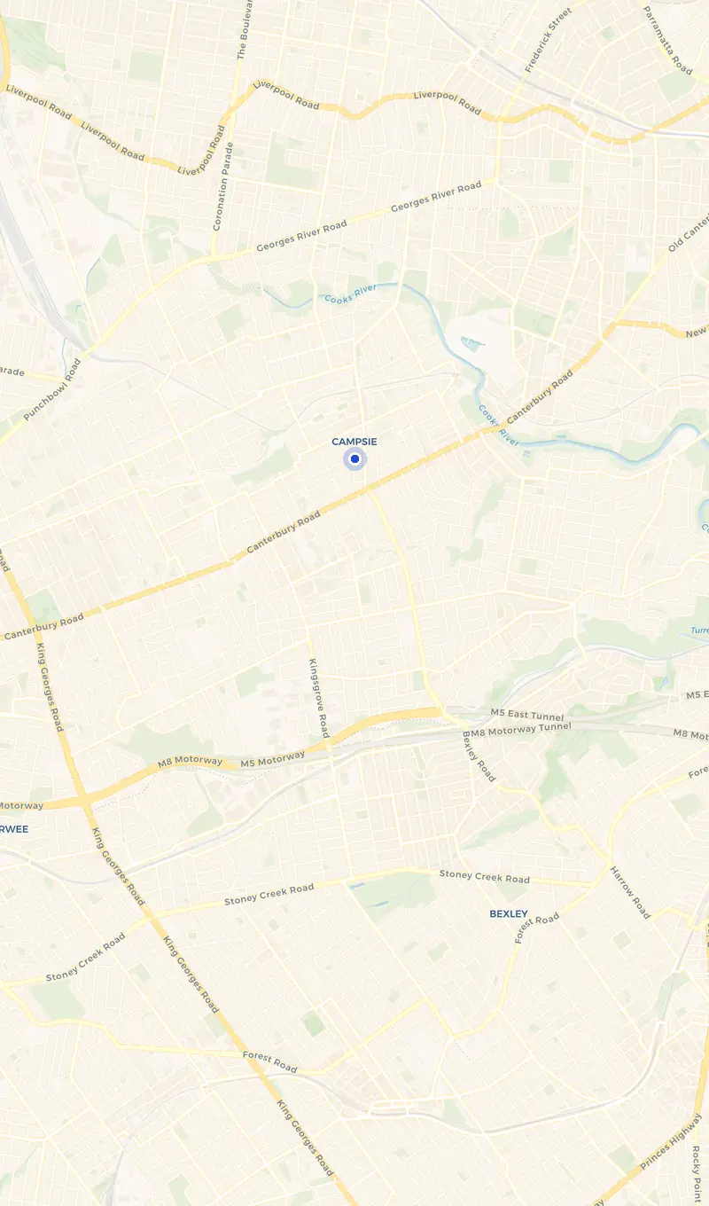 Map of the Campsie service area and the surrounding suburbs we cover.