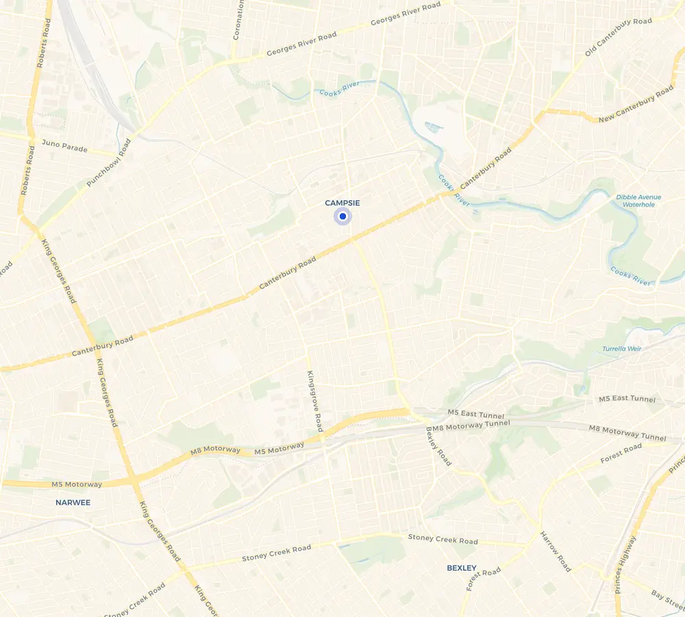 Map of the Campsie service area and the surrounding Inner West, showing Campsie and the nearby streets we cover.