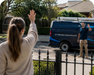 Customer waving goodbye to a Campsie Blocked Drains plumber